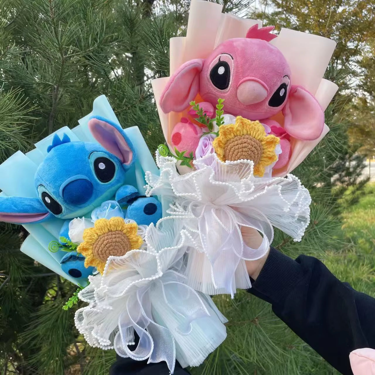 Catoon Stich Plush Doll Toy with Flowers Creative Handmade Bouquet Stuffed Animals Valentine Christmas Graduation Gift