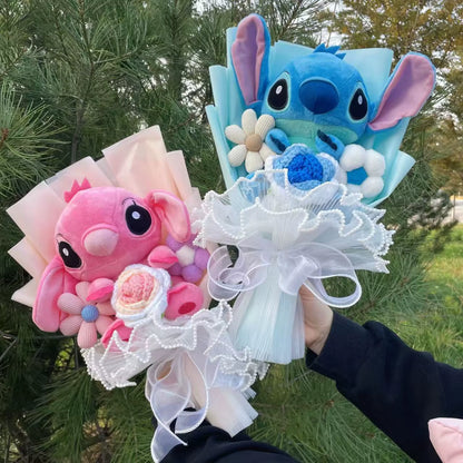 Catoon Stich Plush Doll Toy with Flowers Creative Handmade Bouquet Stuffed Animals Valentine Christmas Graduation Gift