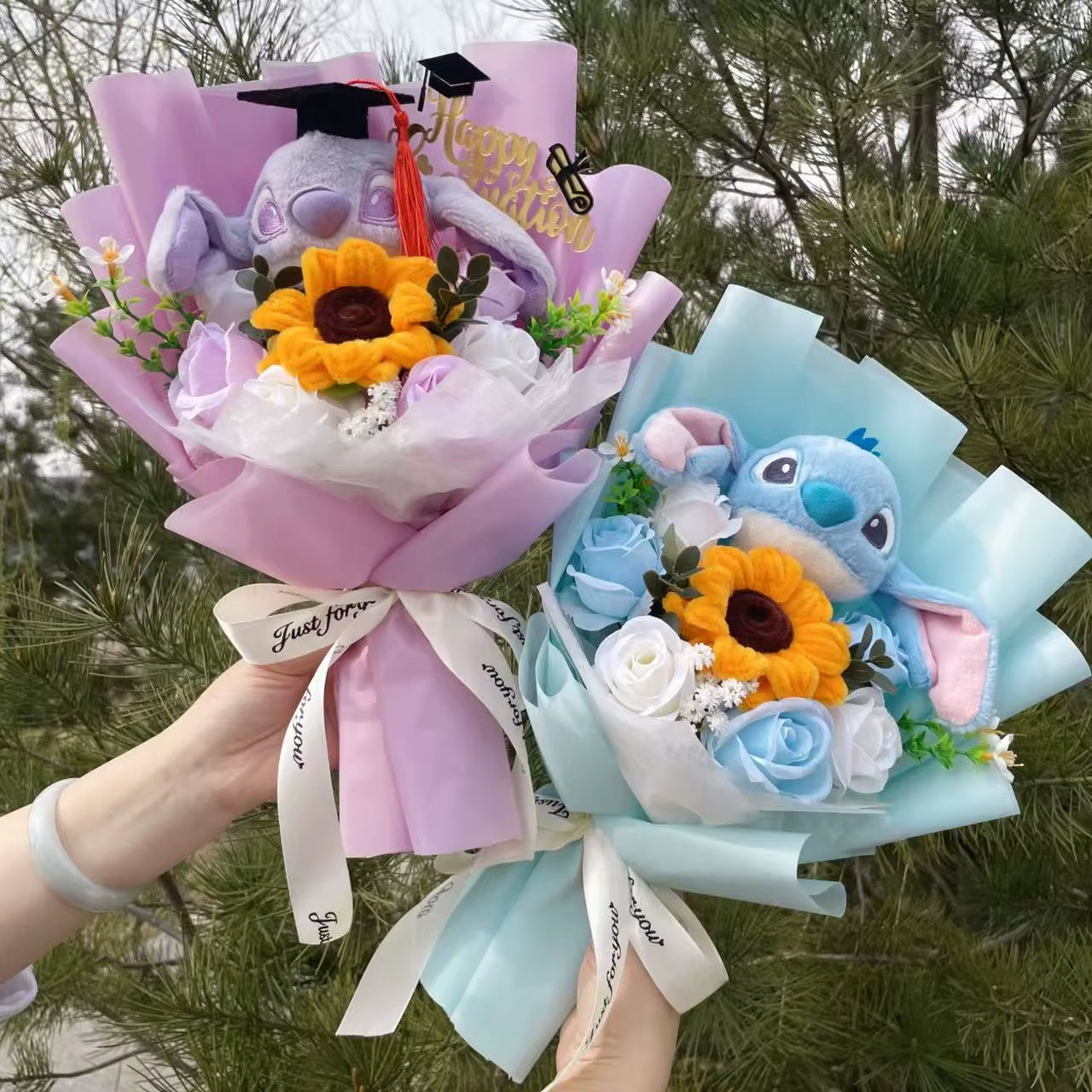 Catoon Stich Plush Doll Toy with Flowers Creative Handmade Bouquet Stuffed Animals Valentine Christmas Graduation Gift