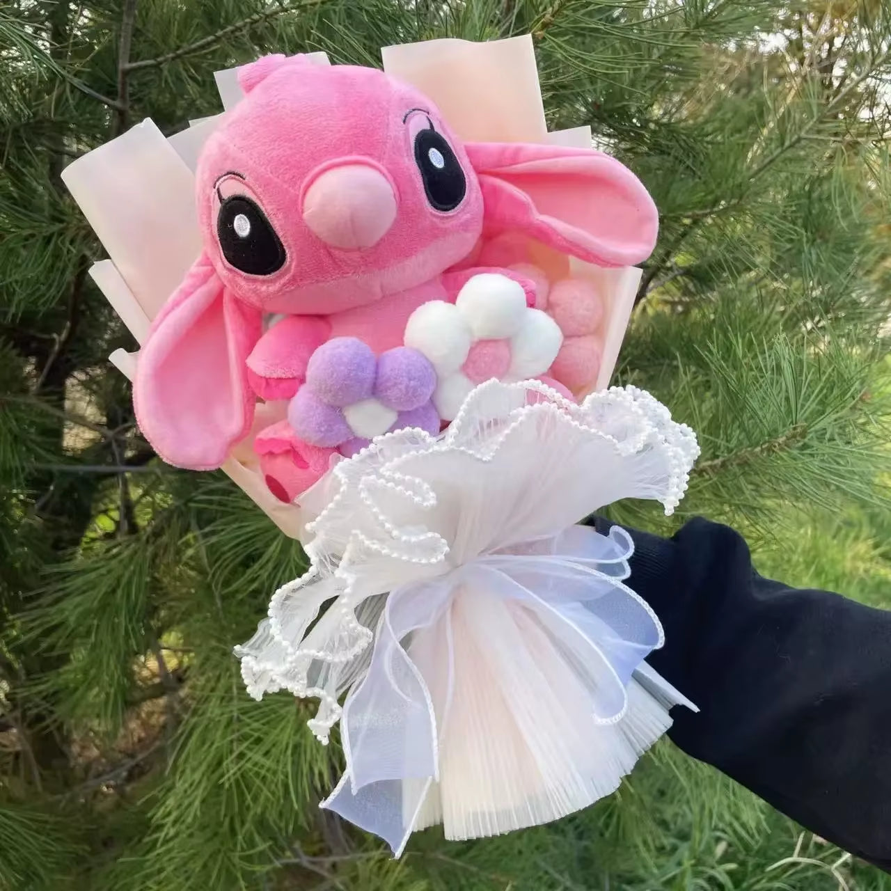 Catoon Stich Plush Doll Toy with Flowers Creative Handmade Bouquet Stuffed Animals Valentine Christmas Graduation Gift
