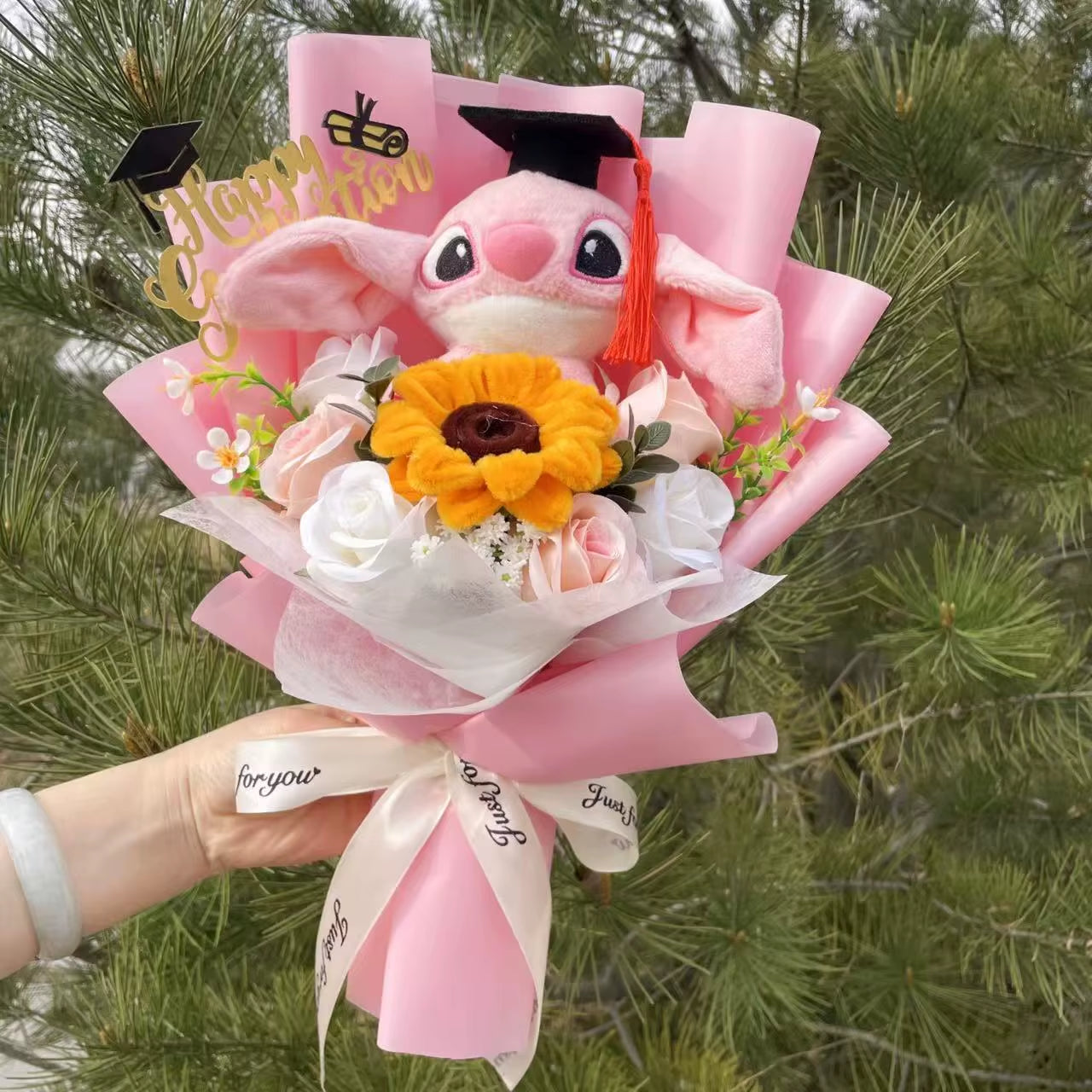 Catoon Stich Plush Doll Toy with Flowers Creative Handmade Bouquet Stuffed Animals Valentine Christmas Graduation Gift