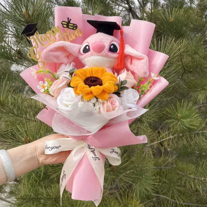 Catoon Stich Plush Doll Toy with Flowers Creative Handmade Bouquet Stuffed Animals Valentine Christmas Graduation Gift