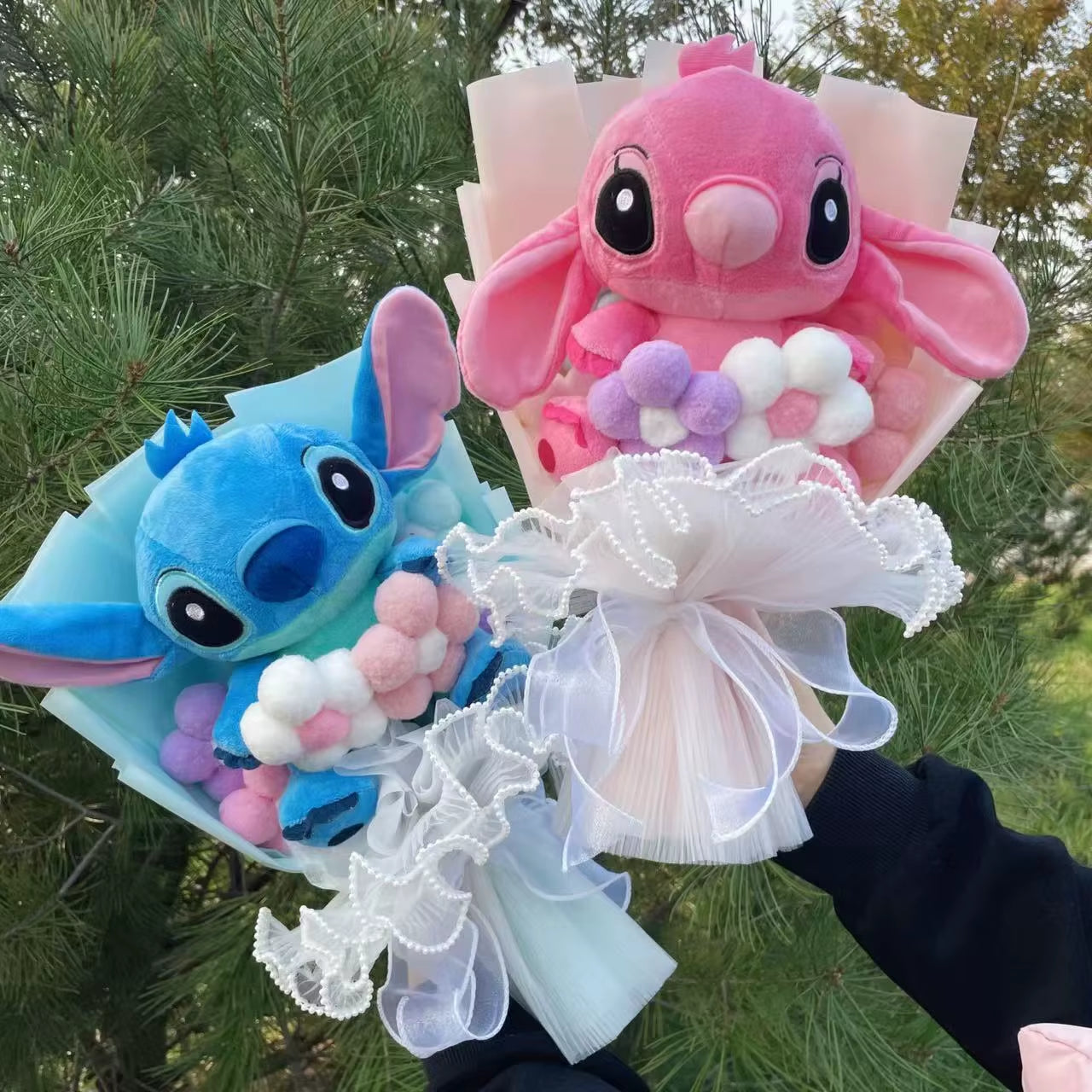 Catoon Stich Plush Doll Toy with Flowers Creative Handmade Bouquet Stuffed Animals Valentine Christmas Graduation Gift