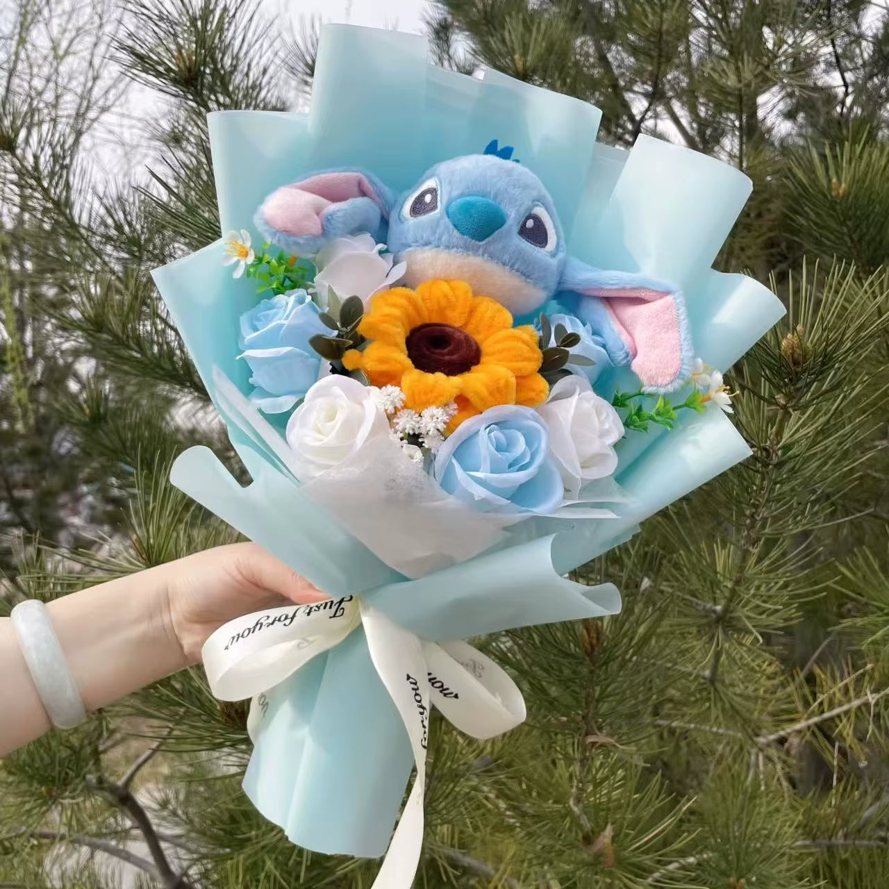 Catoon Stich Plush Doll Toy with Flowers Creative Handmade Bouquet Stuffed Animals Valentine Christmas Graduation Gift