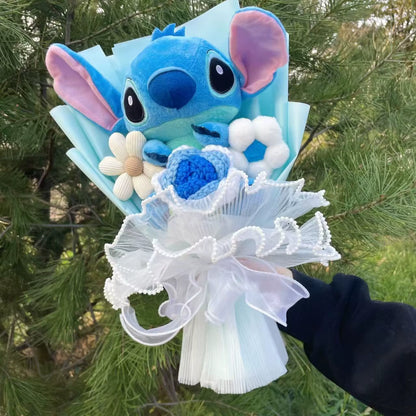 Catoon Stich Plush Doll Toy with Flowers Creative Handmade Bouquet Stuffed Animals Valentine Christmas Graduation Gift