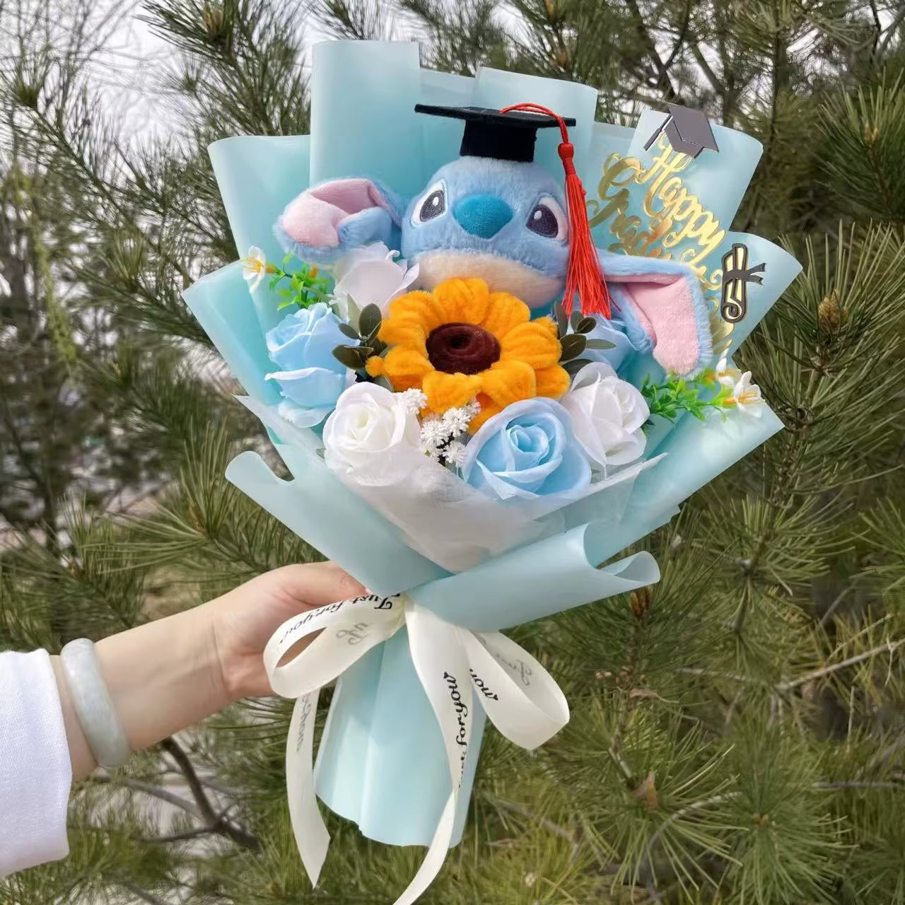 Catoon Stich Plush Doll Toy with Flowers Creative Handmade Bouquet Stuffed Animals Valentine Christmas Graduation Gift