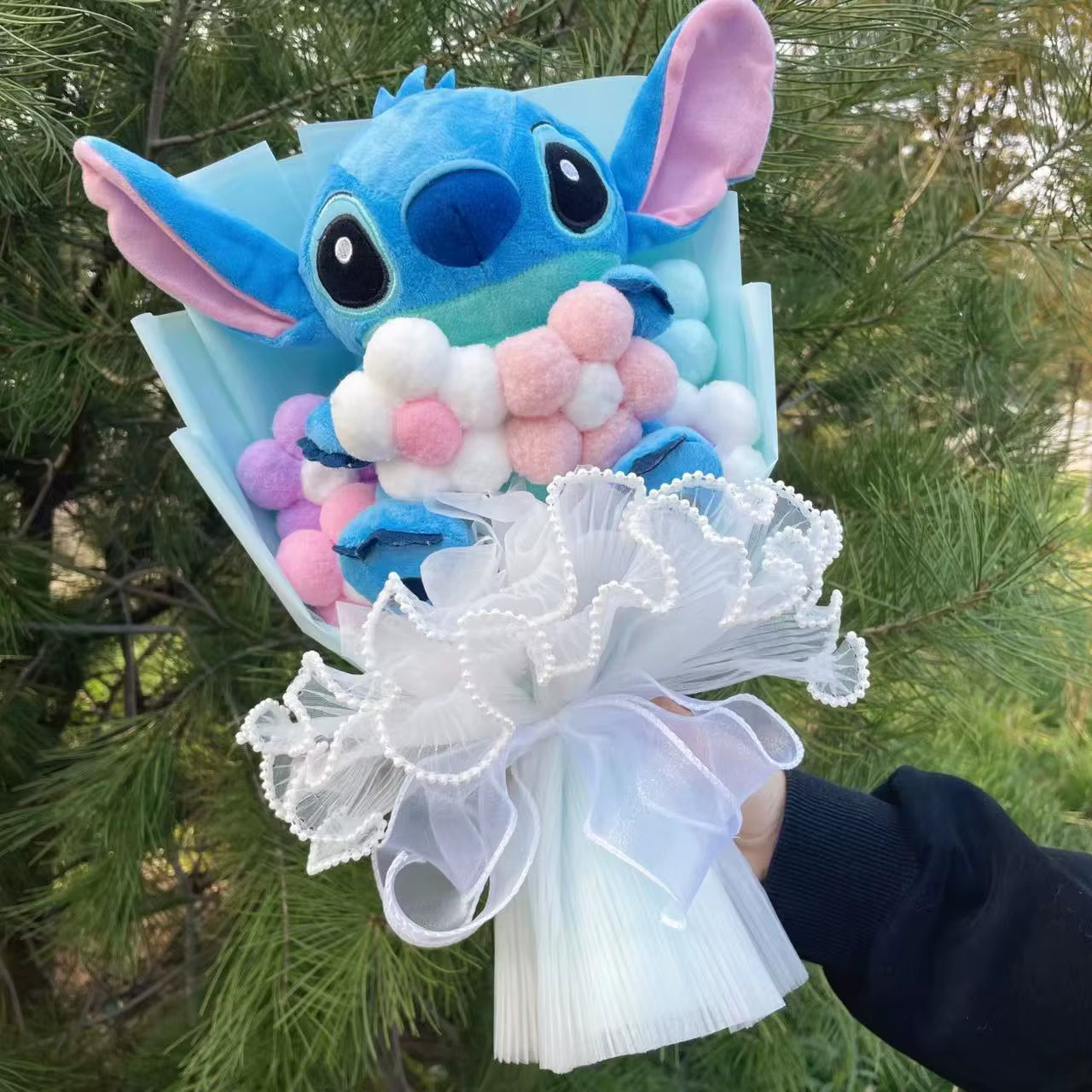 Catoon Stich Plush Doll Toy with Flowers Creative Handmade Bouquet Stuffed Animals Valentine Christmas Graduation Gift