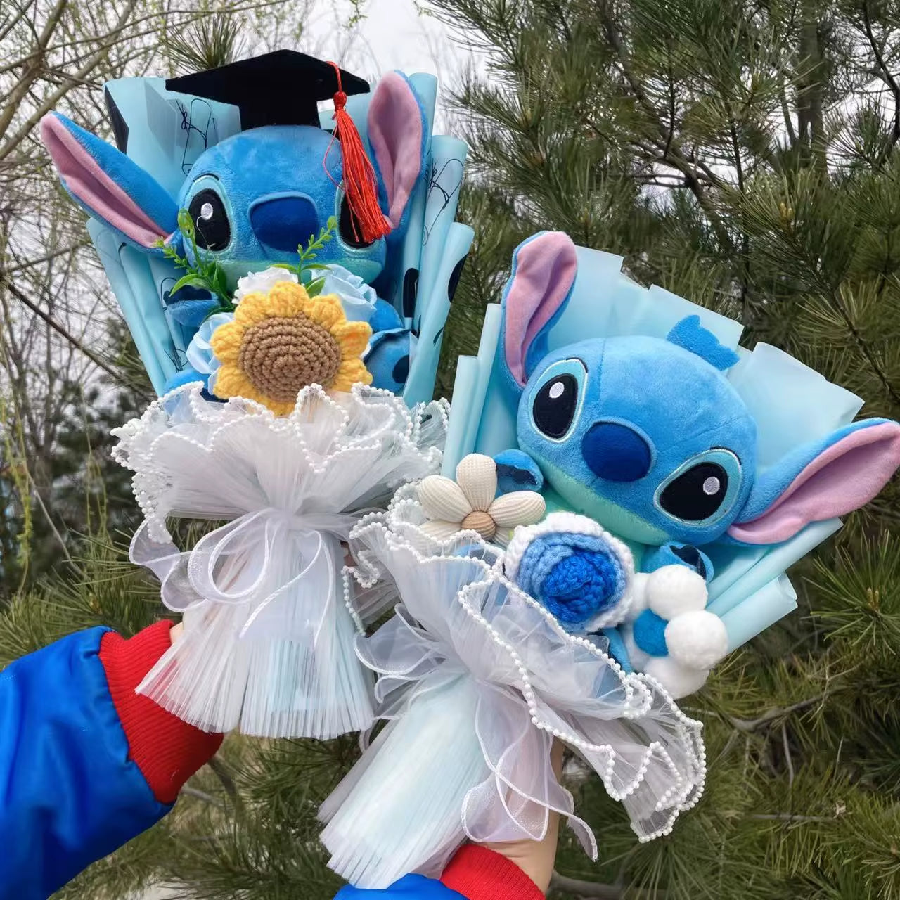 Catoon Stich Plush Doll Toy with Flowers Creative Handmade Bouquet Stuffed Animals Valentine Christmas Graduation Gift