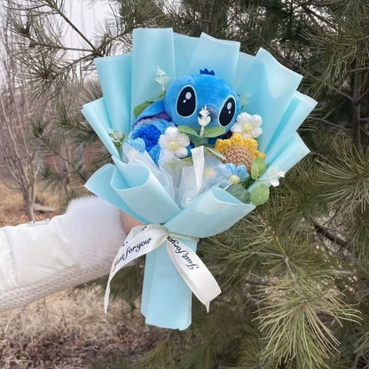 Catoon Stich Plush Doll Toy with Flowers Creative Handmade Bouquet Stuffed Animals Valentine Christmas Graduation Gift