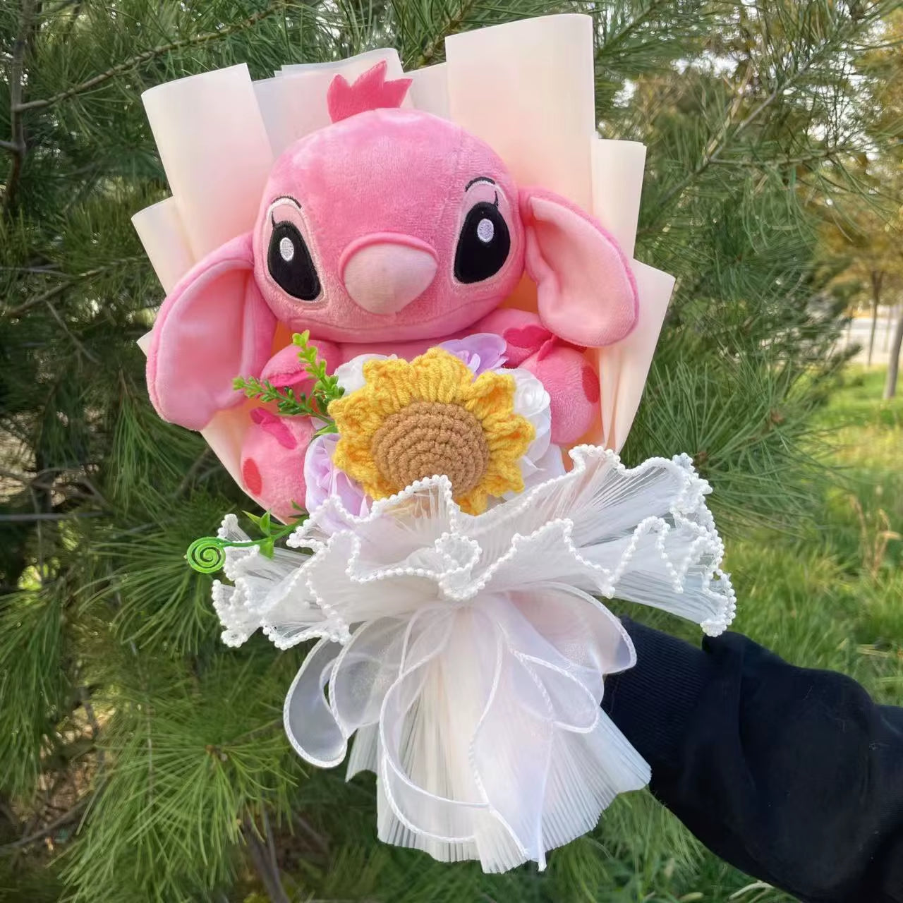 Catoon Stich Plush Doll Toy with Flowers Creative Handmade Bouquet Stuffed Animals Valentine Christmas Graduation Gift