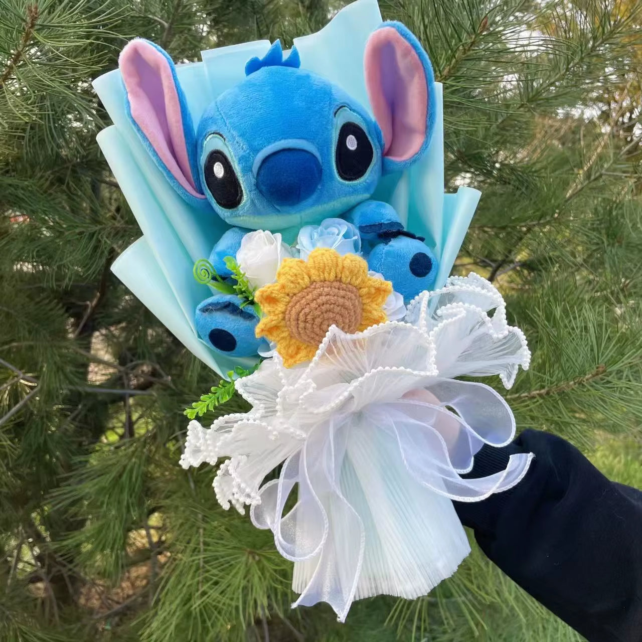 Catoon Stich Plush Doll Toy with Flowers Creative Handmade Bouquet Stuffed Animals Valentine Christmas Graduation Gift