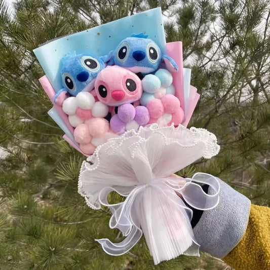 Catoon Stich Plush Doll Toy with Flowers Creative Handmade Bouquet Stuffed Animals Valentine Christmas Graduation Gift