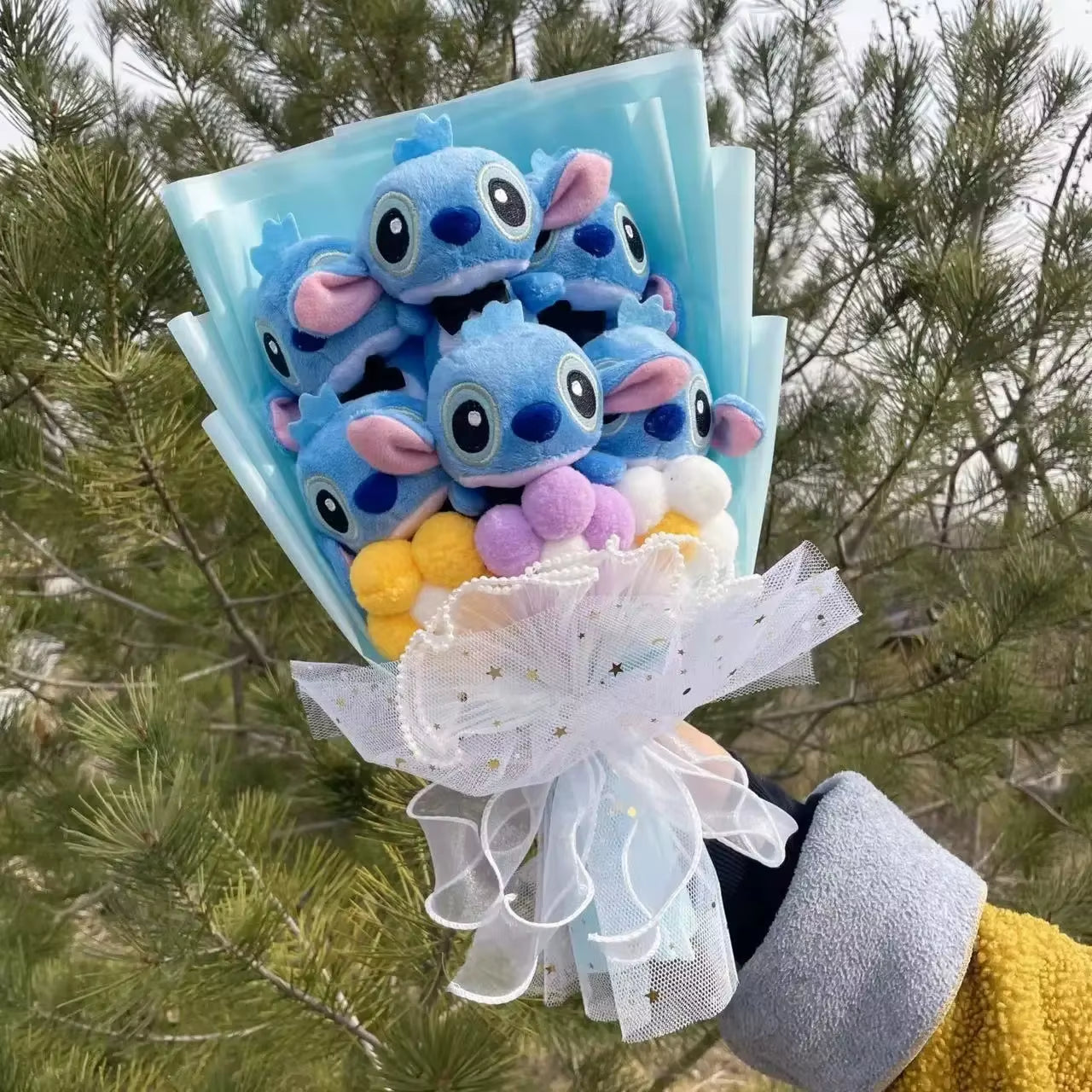 Catoon Stich Plush Doll Toy with Flowers Creative Handmade Bouquet Stuffed Animals Valentine Christmas Graduation Gift